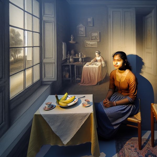 Een jonge vrouw geniet van een moment van rust aan een elegant gedekte tafel met een banaan op een porseleinen bord.