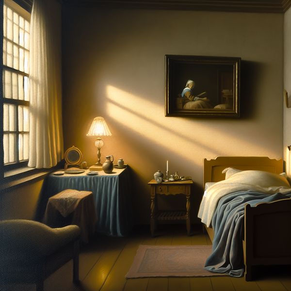 Gezellige slaapkamer met warm, diffuus licht en studie-materialen.