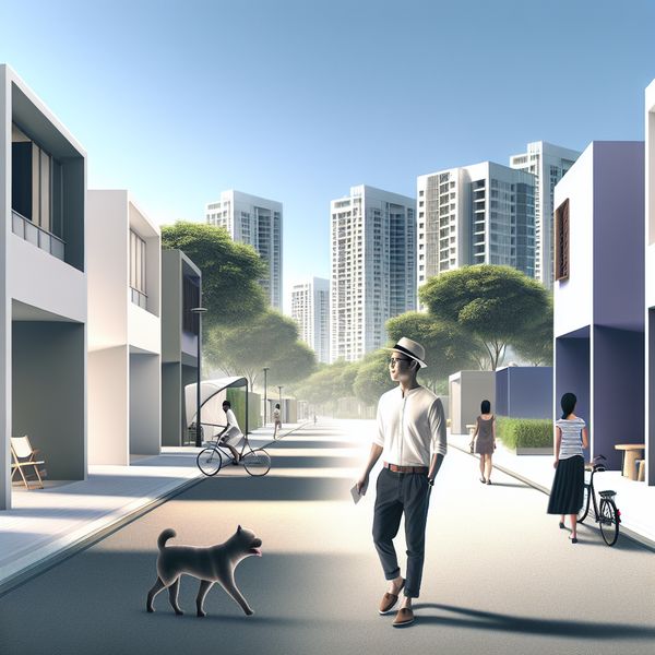 Rustige Stadsleven: Man Wandelt Door Verzorgde Straat Een man in smart casual kleding wandelt rustig door een georganiseerde stadsstraat, omgeven door moderne gebouwen en mensen die dagelijkse activiteiten doen.