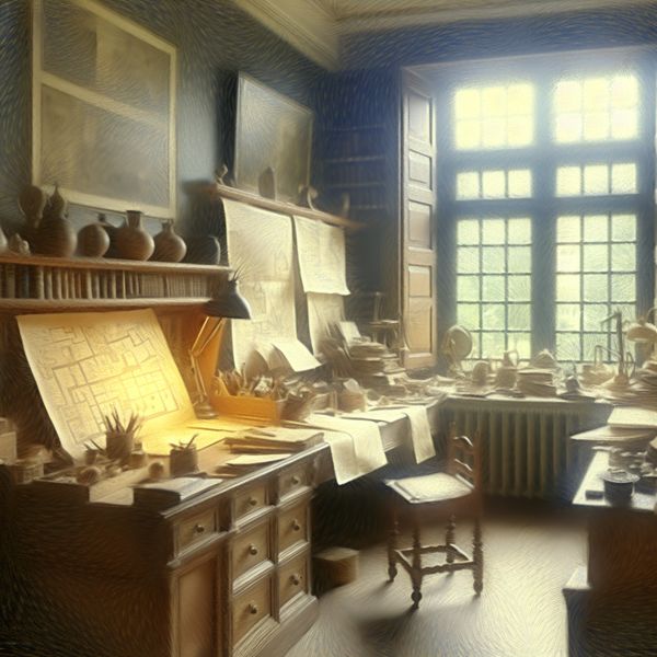 Rustige studeerkamer voor taal leren en analyse Een serene studiekamer met een gedetailleerd bureau vol documenten en kaarten, verlicht door zacht diffuus licht.