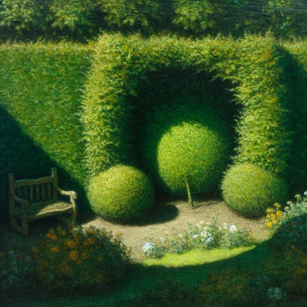Rustige tuin met hoge heg en kleurrijke bloemen Luxe groene heg omringt een rustige tuin met een comfortabele bank en bloeiende planten.