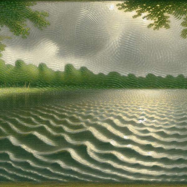 Een serene vijver met zachte rimpels en groen omheen, onder een grijze lucht.