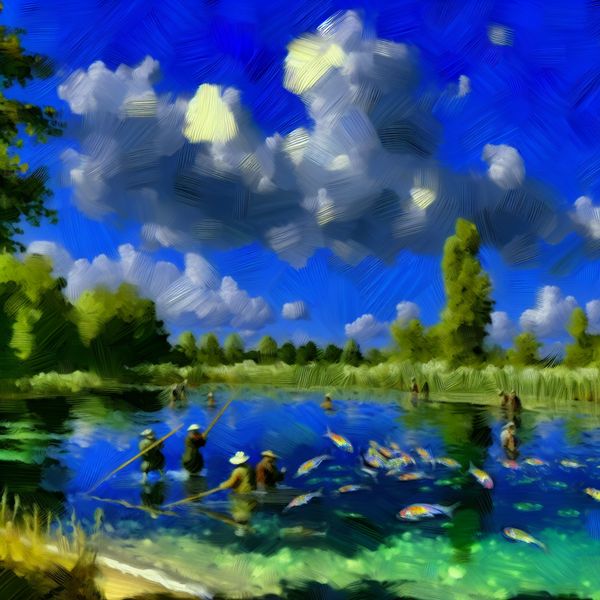 Rustige vijver met vissers op een zonnige dag Een serene vijver met mensen die vissen op een zonnige dag, omgeven door groene natuur en een blauwe lucht.