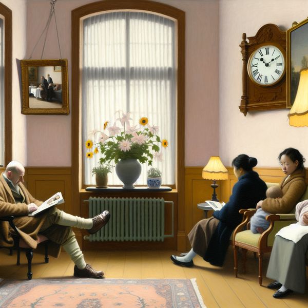 Serene wachtkamer met mensen die wachten, waaronder iemand die leest en een volwassene met een kind.