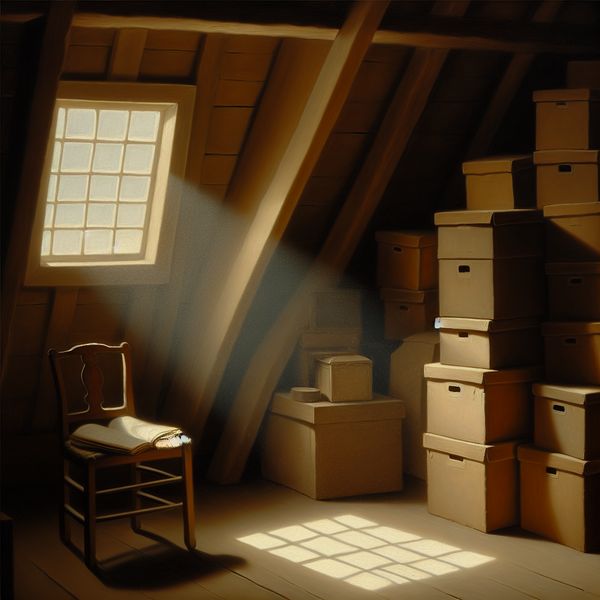Rustige Zolderruimte Met Vintage Voorwerpen Een serene zolder met zacht licht dat door een klein raam valt, oude doosjes en een vintage stoel.