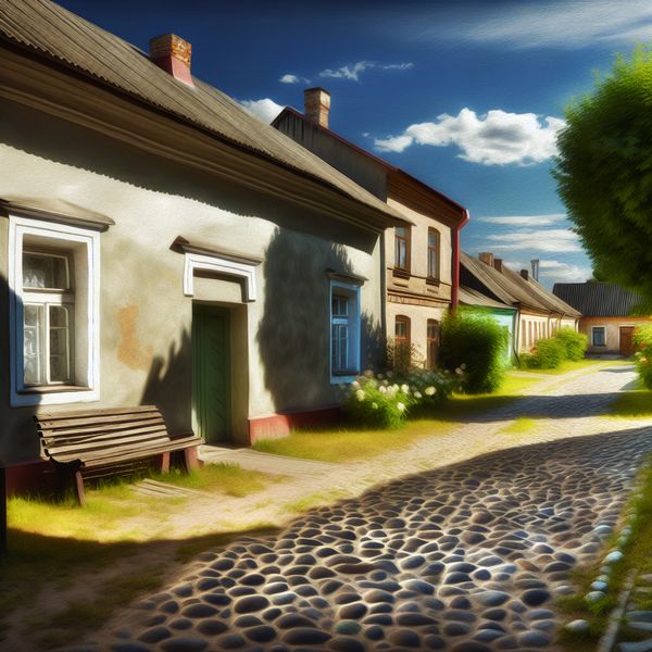 Rustige Zomer Dorp Scene met Historische Huizen Een serene aanbiedingsscène van een leeg cobblesteen straat in een rustig dorp