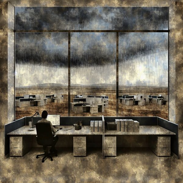 Saai kantoorleven in somber landschap - Nederlandse woordenschat voor taalstudenten Grijze kantoorruimte met eenzame persoon achter computer, regen buiten, sombere sfeer in de stijl van Jacob van Ruisdael