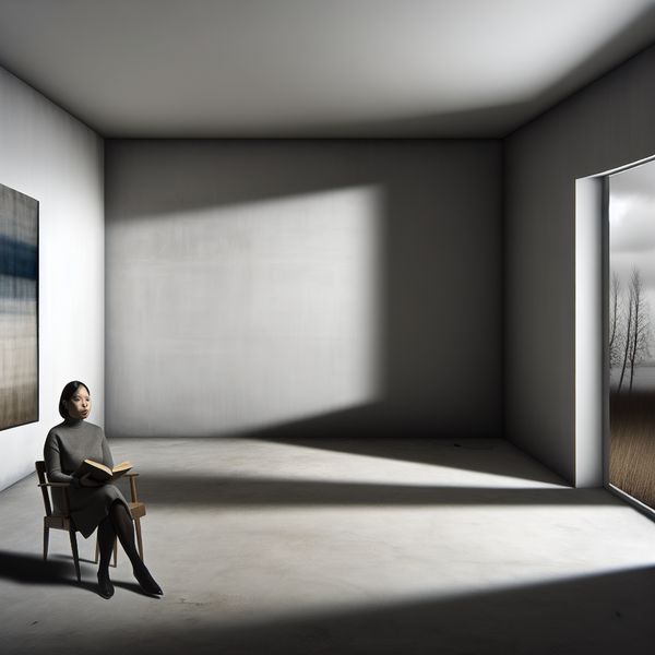 Een persoon met een neutrale uitdrukking zit op een eenvoudige, monochrome stoel in een lege kamer, terwijl ze een boek vasthoudt. Achter hen hangt een groot abstract schilderij en buiten het raam is een somber landschap met grijze wolken en kale bomen te zien.