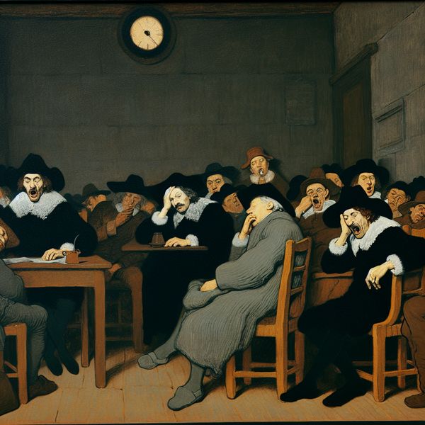 Gedetailleerde schilderij in de stijl van Frans Hals van een vermoeiende, saaie vergadering met uitgeputte deelnemers in een benauwde vergaderruimte