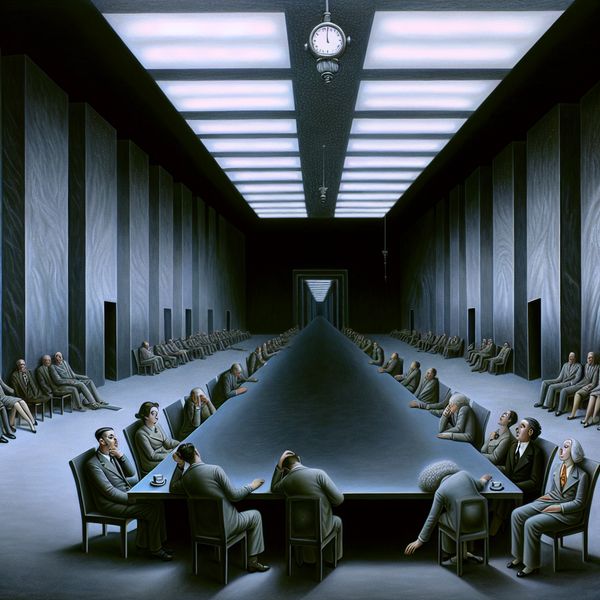 Surrealistische vergaderzaal met uitdrukkingsloze mensen aan een oneindig lange tafel, symboliserend voor een saaie activiteit
