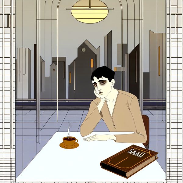 Retro-futuristische illustratie van een jonge man die lusteloos aan een cafétafel zit met een kopje koffie en een saai boek, symbool voor een saai persoon of 'saaitje'