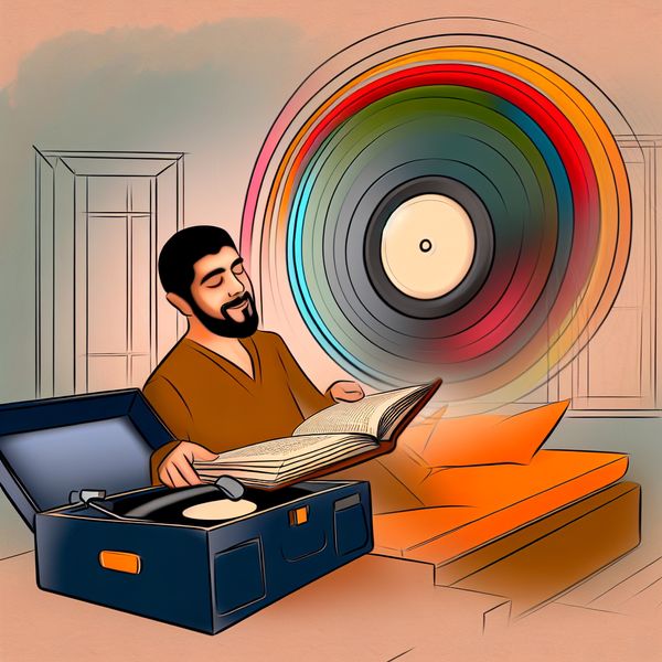 Samen Lezen en Luisteren: Retro-Futuristische Illustratie Een persoon leest een open boek en luistert naar muziek met kleurrijke vinylplaten in een stijlvolle retro-futuristische kamer.