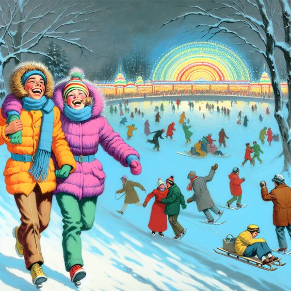 Twee vrienden wandelen hand in hand richting een verlicht theater in een winterlandschap, omgeven door sneeuw en anderen die genieten van buitenactiviteiten.