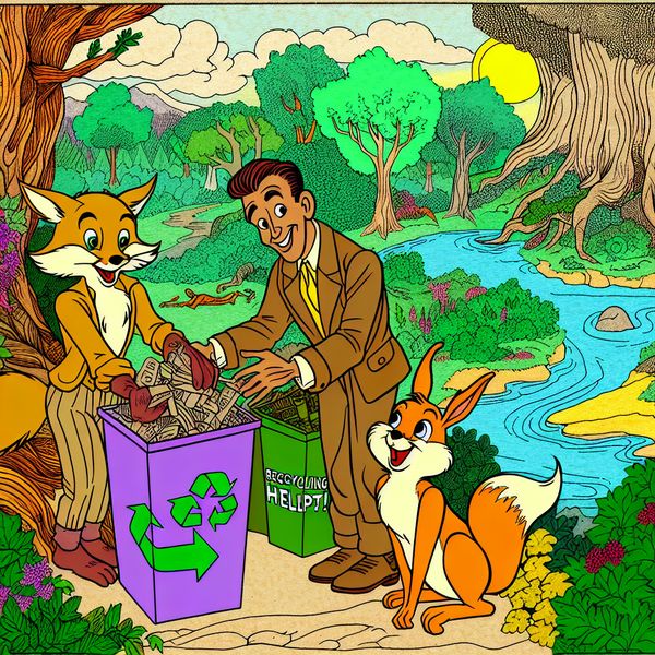 Samenwerken voor een schone natuur: recycling en duurzaamheid in cartoonstijl Vrolijke dieren en een mens werken samen om afval te recyclen in een weelderige natuurlijke omgeving, met een recyclingbak met opschrift 'Recycling Helpt!'