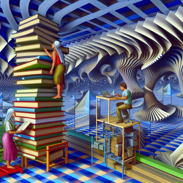 Twee personen die tegelijkertijd verschillende activiteiten uitvoeren in een surrealistische omgeving met optical illusions.