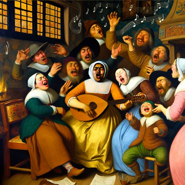 Samen zingen in een gezellige kamer Groep mensen in een sfeervolle kamer die samen zingen, met een enthousiaste vrouw in het midden die met vreugde zingt.