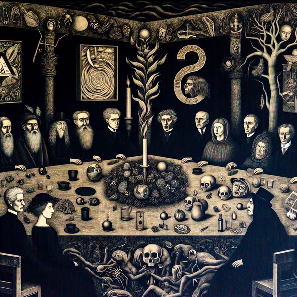 Illustratie van diverse individuen rond een gedimde tafel met milieu-symbolen