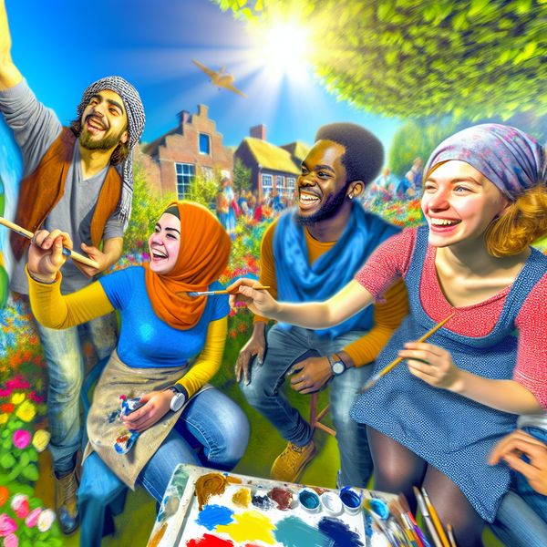 Samenwerken in het park: Een kleurrijke muurschildering Een diverse groep mensen die samen in een park een groot muurschilderij aan het schilderen is, met blije gezichten en een zonnige sfeer.