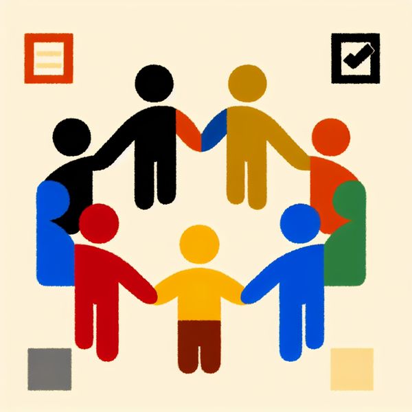Samenleving en eenheid: diverse mensen verbonden in harmonie Minimalistische illustratie van een diverse groep mensen in een harmonieuze cirkel, symboliserend voor samenleving, eenheid en onderlinge relaties met achtergrondiconen van democratie en technologie
