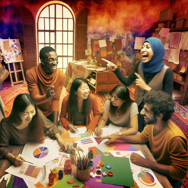 Samenwerken aan een project in een creatieve omgeving Een diverse groep mensen werkt samen aan een project aan een grote tafel vol met documenten en kleurrijke materialen.