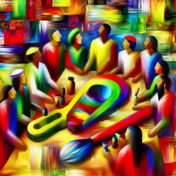 Abstract schilderij in stijl van Karel Appel met groep mensen die samenwerken aan een taak, met een opvallend felgekleurd hulpmiddel centraal voor het doel
