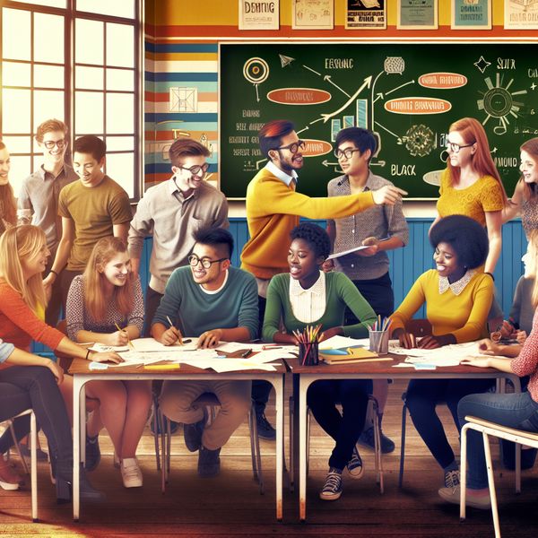 Samenwerkende studenten in een kleurrijk klaslokaal Een kleurrijk klaslokaal waar een diverse groep studenten enthousiast samenwerkt aan een project.