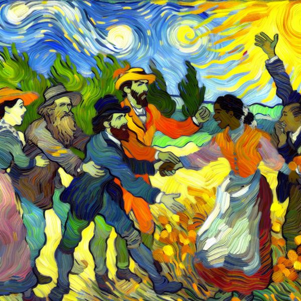 Vrolijke groep mensen werkt samen in Van Gogh-stijl met warme kleuren en zwierige penseelstreken, dankzij hulp en mooi weer