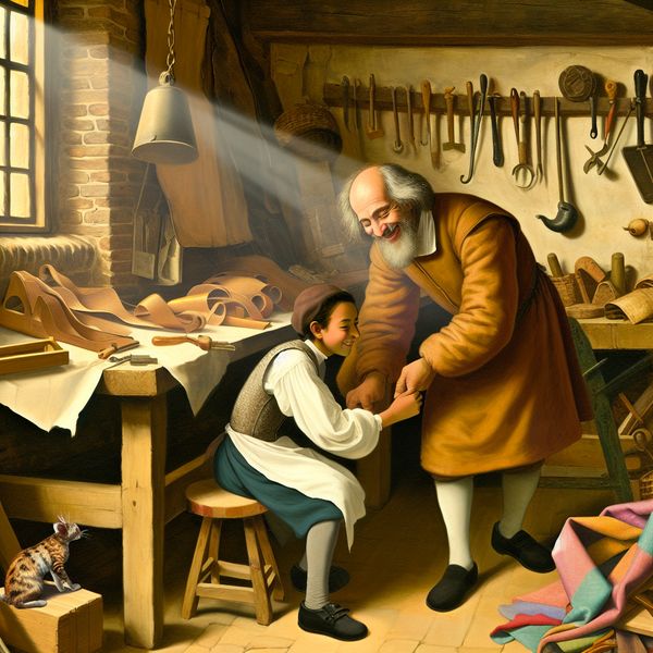 Twee mensen werken samen in een gezellige werkplaats met een oudere vakman die een jongere leerling begeleidt, omringd door gereedschap en materialen.