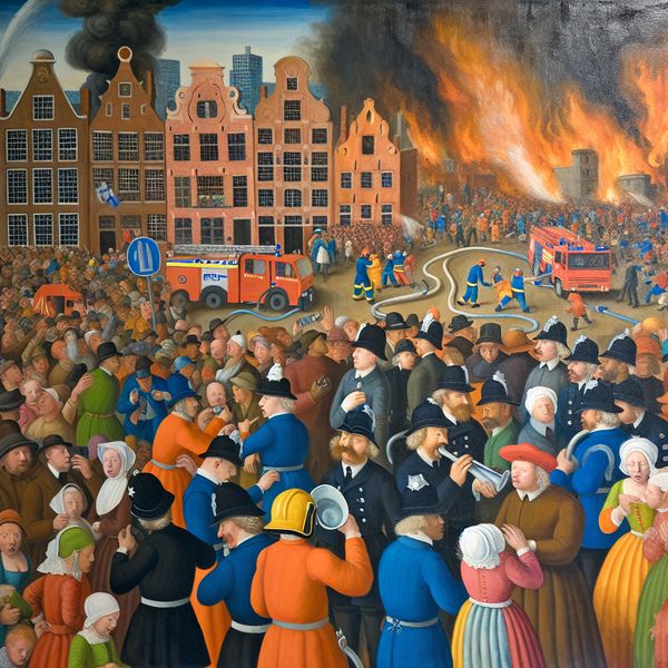 Een drukke scène van een samenwerking tussen de politie en de brandweer tijdens een grote stadsbrand.