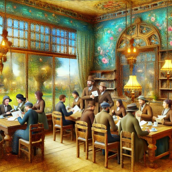 Samenwerking in een Vintage Café Vriendelijk overleg tussen twee groepen mensen in een vintage café, omgeven door een bloeiende tuin en details in Anton Pieck-stijl.
