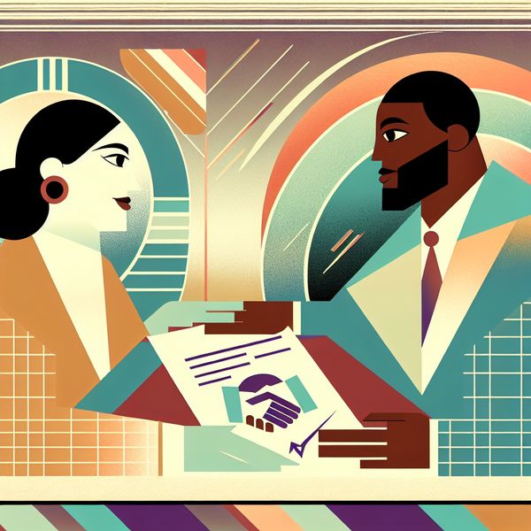 Twee mensen aan een tafel in een samenwerkingsoverleg, omringd door retro-futuristische elementen en een handdruk symbool op een document