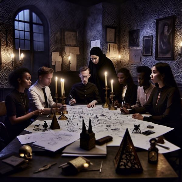 Een diverse groep mensen in een gotische kantoorsetting brainstormt aan een grote, versierde tafel vol schetsen en documenten.