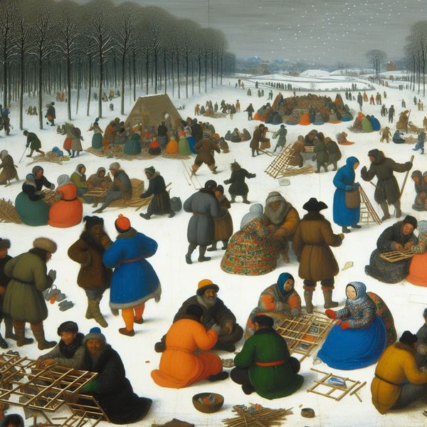 Winterlandschap met diverse mensen die samenwerken aan een kleurrijke kunstinstallatie in de sneeuw.