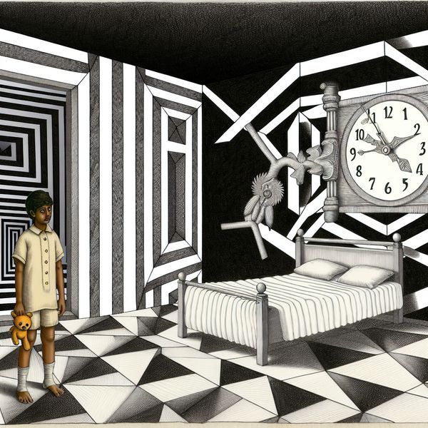 Surrealistische illustratie van een kind in een slaapkamer met een onmogelijke klok die 19 uur aangeeft, symboliserend een vroege bedtijd als sanctie