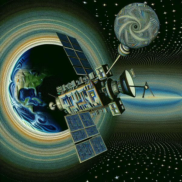 Satelliet in baan om de aarde - Surrealistische illustratie Surrealistische illustratie van een satelliet in een baan om de aarde met een geometrisch ontwerp en optische illusies.