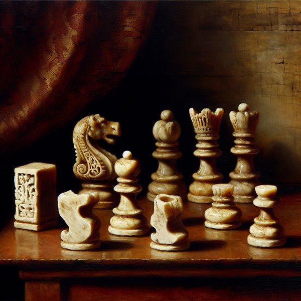 Realistische schaakstukken van been in Rembrandt-stijl: ambacht en materiaal Intricaat gebeeldhouwde schaakstukken van been, waaronder een koning en koningin, op een donkere houten tafel met dramatische belichting in Rembrandt-stijl