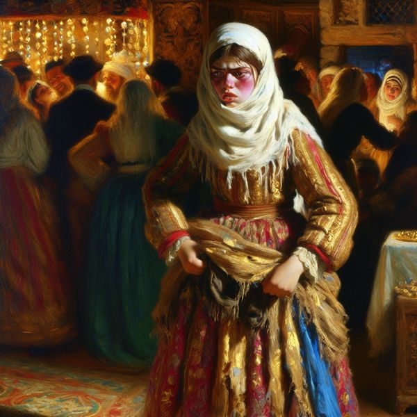 Barokschilderij van een jong meisje dat zich schaamt voor haar versleten kleding tijdens een feestelijke bijeenkomst