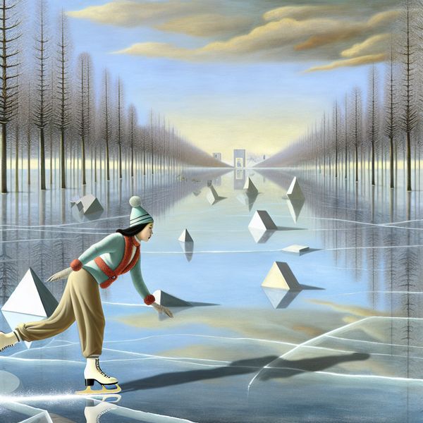 Persoon schaatst gracieus op een bevroren vijver met kristalhelder ijs onder een bleke winterlucht, in surrealistische stijl