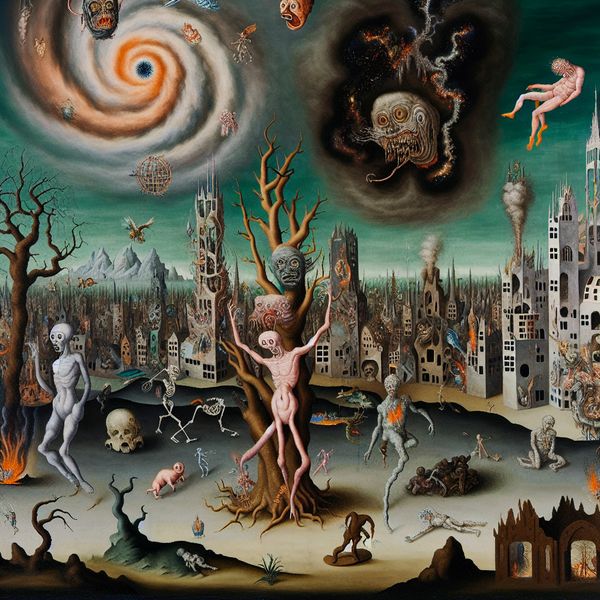 Surrealistische scène met bizarre wezens die verschillende vormen van schade symboliseren, zoals fysieke verwondingen, mentale pijn en milieuschade in een chaotisch landschap.