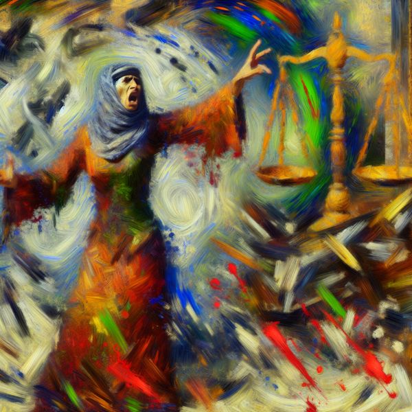 Indienen van een Schadeclaim Symboliek Persoon met expressieve gebaren voor een chaotisch schilderij van een weegschaal van gerechtigheid, symboliserend het indienen van een schadeclaim.