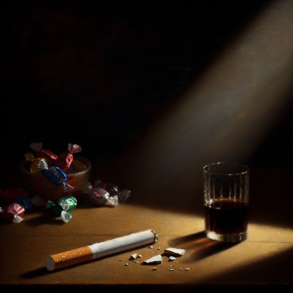 Een drama-stilleven van een gebroken sigaret op een houten tafel, omgeven door schaduwen, met een glanzend glas frisdrank op de achtergrond.
