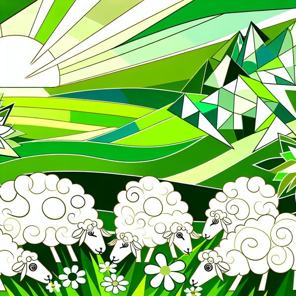 Speelse Schapen in een Retro-Futuristische Tuin Een levendig en speels schaduw van schapen die grazen in een moderne, retro-futuristische tuin vol geometrische bloemen.