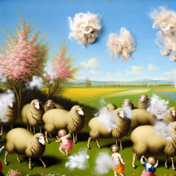 Een groep schapen in een kleurrijk lentelandschap, met wol die door de lucht zweeft, terwijl kinderen spelen op de achtergrond.