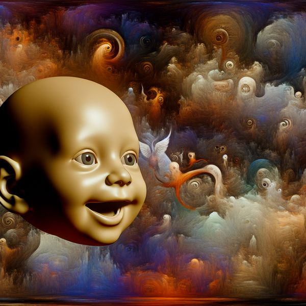 Schattig babyhoofd in surrealistische omgeving Schattig babyhoofd met grote ogen en een brede glimlach, omgeven door een surrealistische achtergrond vol vreemde wezens.