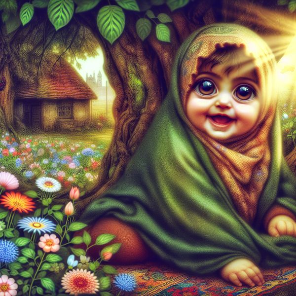 Schattig Babyportret in een Betoverende Tuin Schattig babyportret in een weelderige groene tuin vol kleurrijke bloemen
