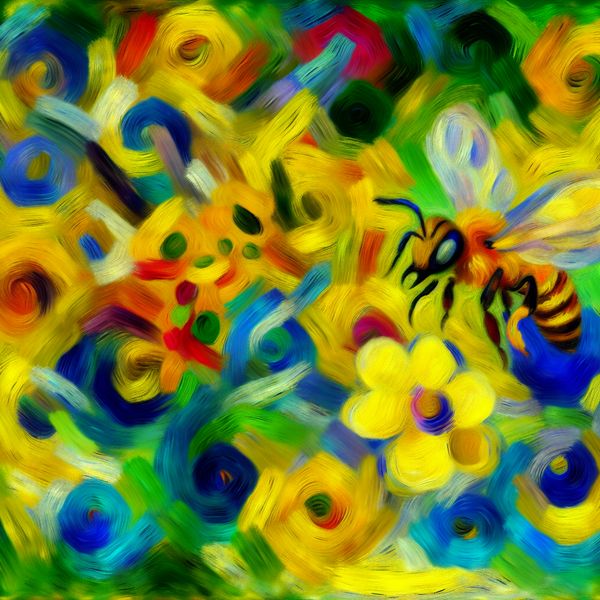 Schattig bijtje in kleurrijke abstractie Een kleurrijke abstracte afbeelding van een schattig, groot bijtje in een omgeving vol kleurrijke bloemen.