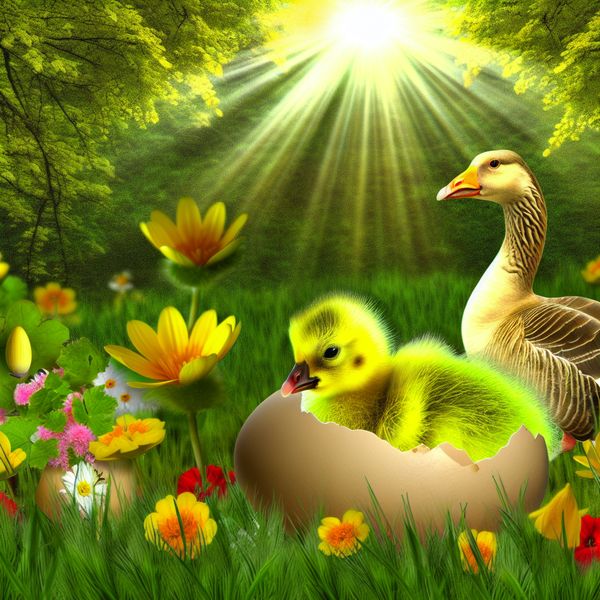 Schattig gansje in groene weide Een schattig gansje dat net is uitgebroed, gewikkeld in een groene weide met bloemen.