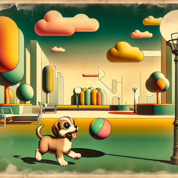 Speelgoed en schattige hondjes in een retro-futuristisch park Schattig hondje speelt met een kleurrijke bal in een retro-futuristisch park met geometrische vormen.