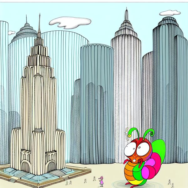 Schattig insect bij wolkenkrabber in cartoonstijl Schattig insect in cartoonstijl voor een grote wolkenkrabber, benadrukt de kleinheid van het insect.