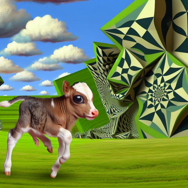 Schattig kalfje in een surrealistisch landschap Een schattig kalfje dat net geboren is, speelt in een groene wei vol geometrische vormen en patronen, met een surrealistische achtergrond.